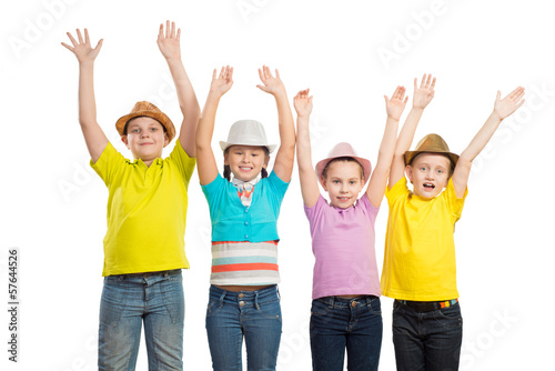 children in a row, wearing a hat