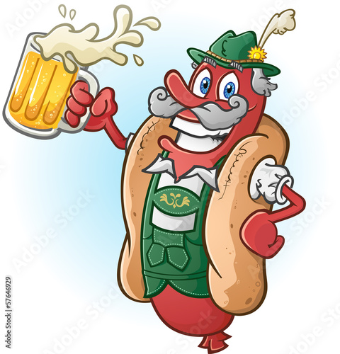 Oktoberfest Bratwurst Hotdog Cartoon Character Drinking Beer