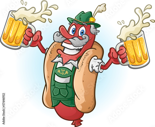 Oktoberfest Bratwurst Hotdog Cartoon Character Drinking Beer