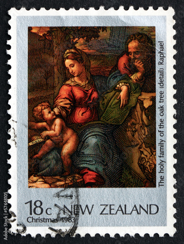 Postage stamp New Zealand 1983 Holy Family, Painting by Raphael