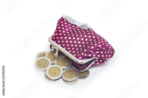 Beautiful purse with coins isolated on white background