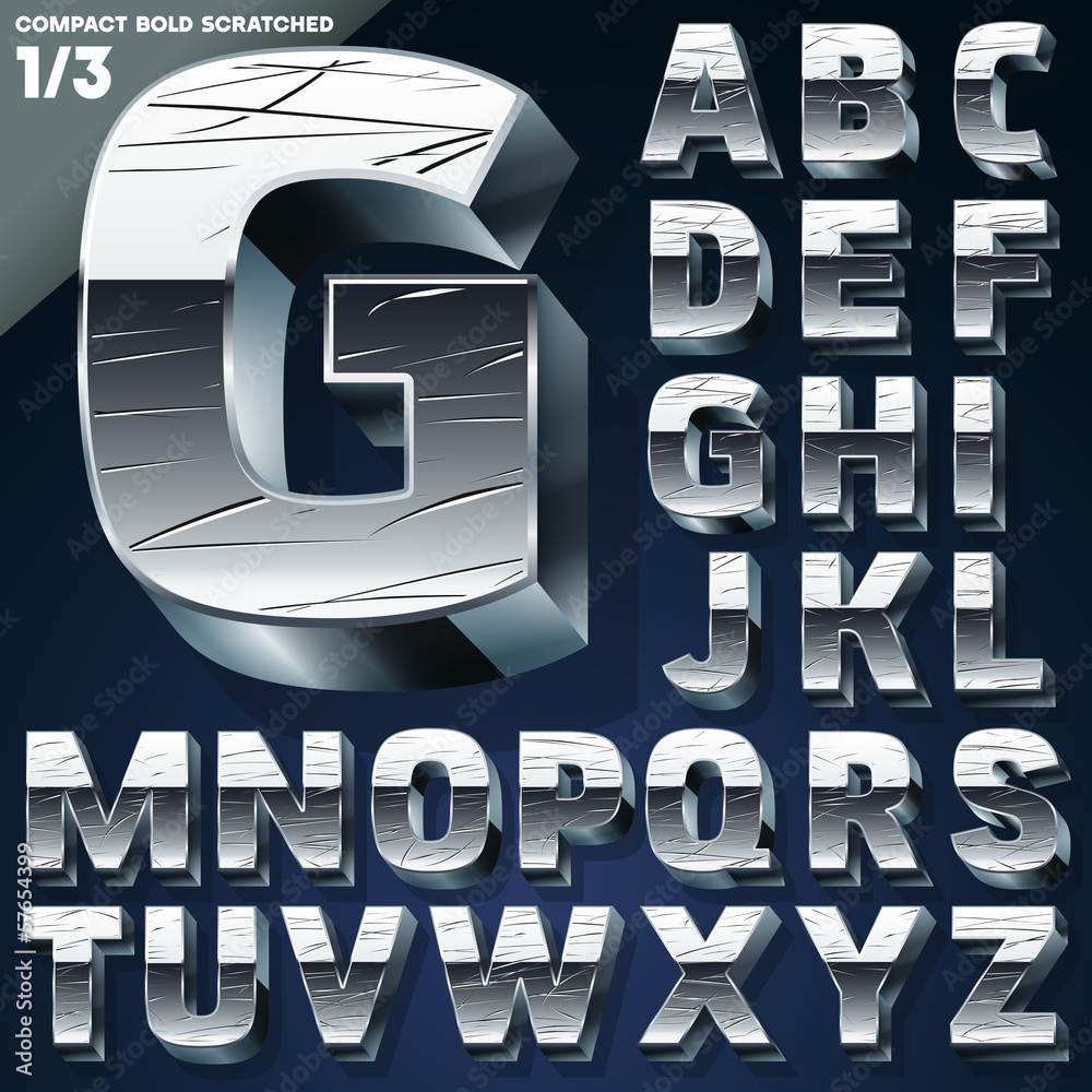 Silver chrome or aluminum 3D alphabet.  Slab style. Set