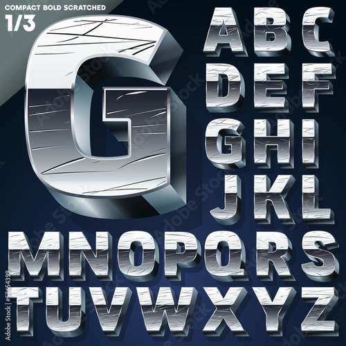 Silver chrome or aluminum 3D alphabet.  Slab style. Set