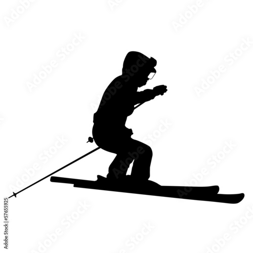 Mountain skier  speeding down slope. Vector sport silhouette.
