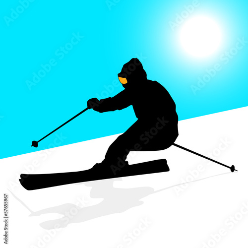 Mountain skier  speeding down slope. Vector sport silhouette.