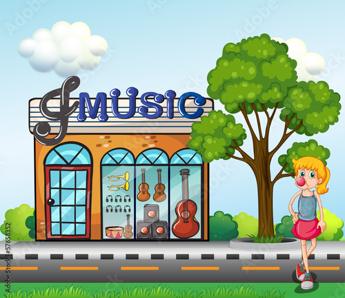 A young girl in front of the music store