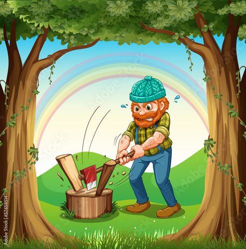 A man chopping the woods near the trees