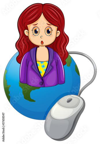 A globe with a woman wearing a violet blazer