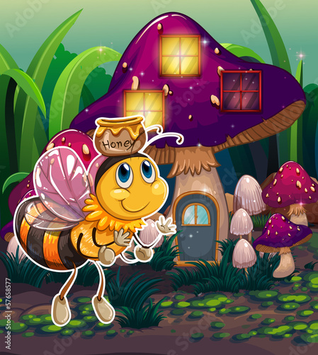 A flying bee near the enchanted mushroom house