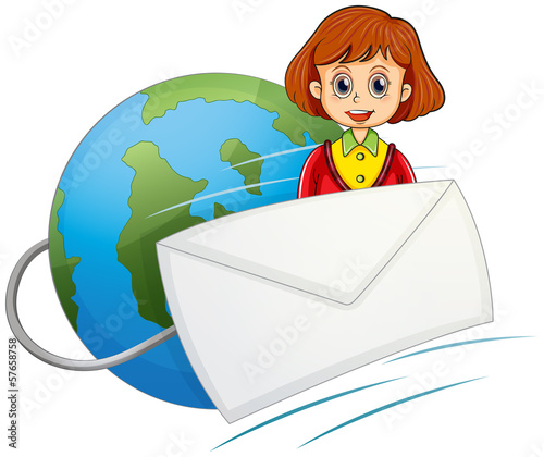 A globe with a smiling young woman and an envelope