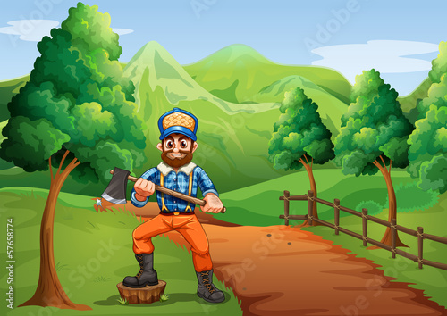 A lumberjack near the road carrying an axe