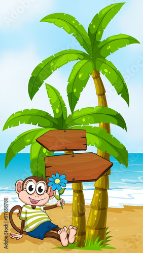 A beach with a smiling monkey sitting under the wooden arrowboar