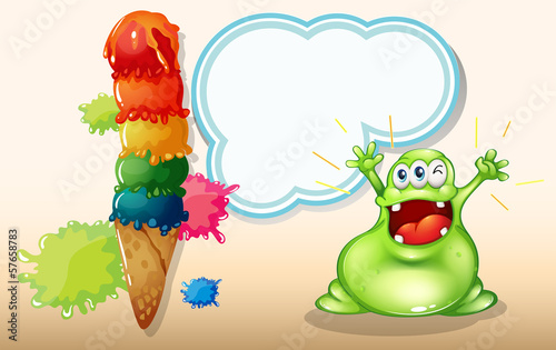 A fat green monster shouting near the giant icecream