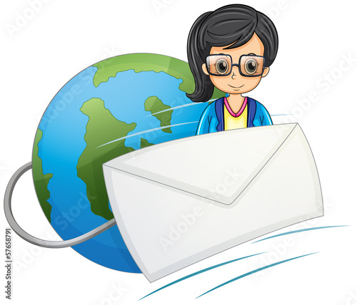 A smart-looking lady in the middle of the globe and the envelope