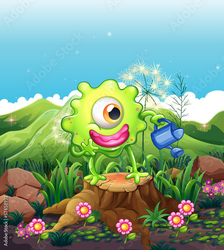 A monster above the stump watering the plants