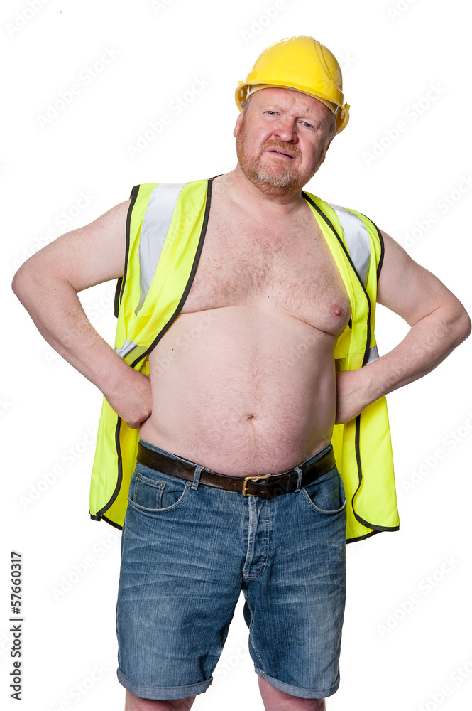Obstructive construction worker in hard hat - isolated on white Obstructive construction worker in hard hat - isolated on white