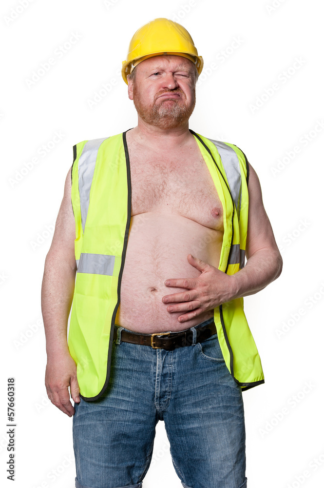 Builder with stomache ache, in hard hat - isolated on white Builder with stomache ache, in hard hat - isolated on white