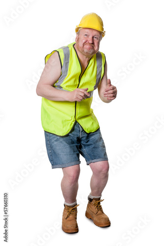 Photos Builder in hard hat, ducking - isolated on white