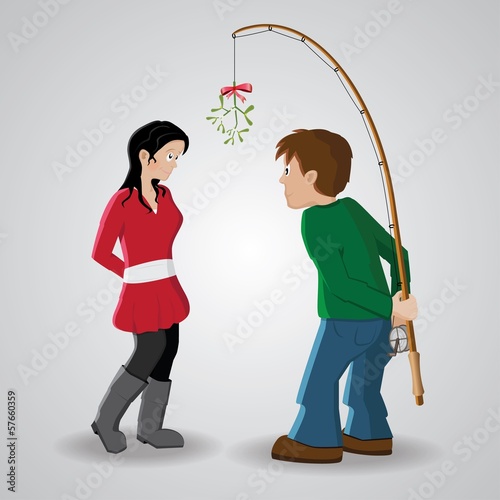Boy trying to convice a girl kissing him under a mistletoe