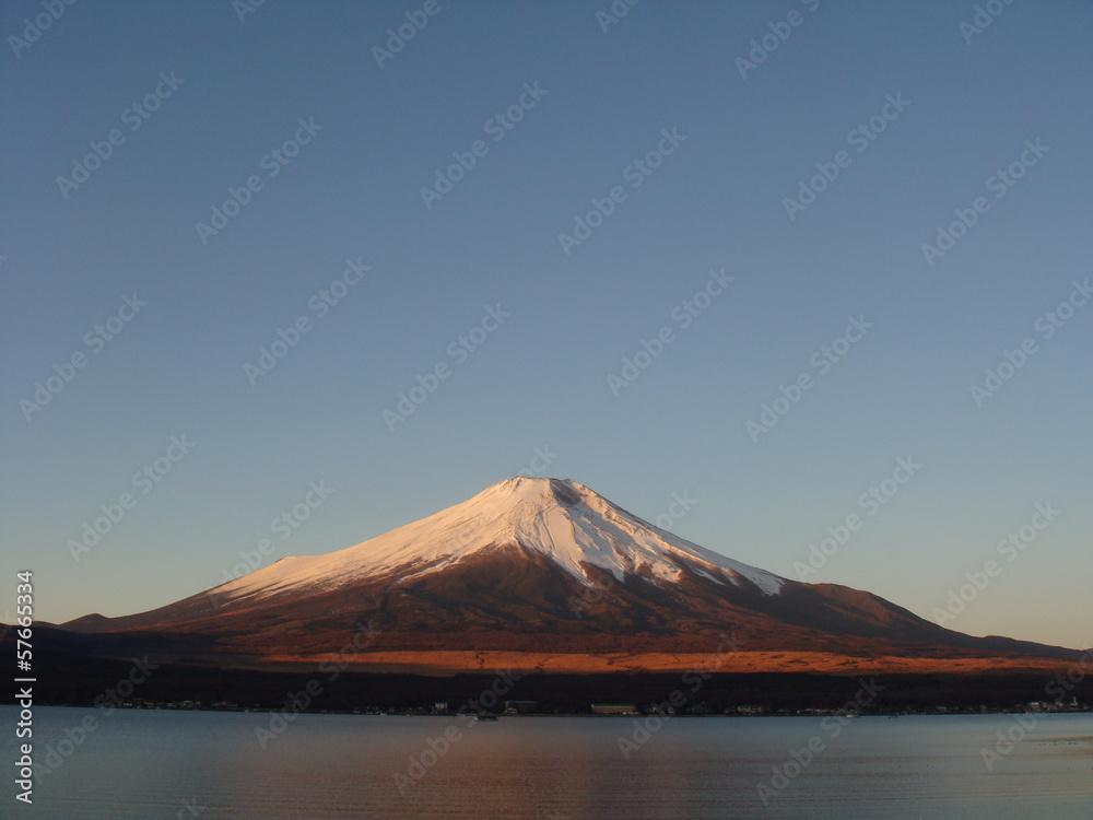 Mount Fuji at dawn over lake Kawaguchi