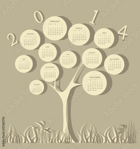 Tree calendar for 2014 year