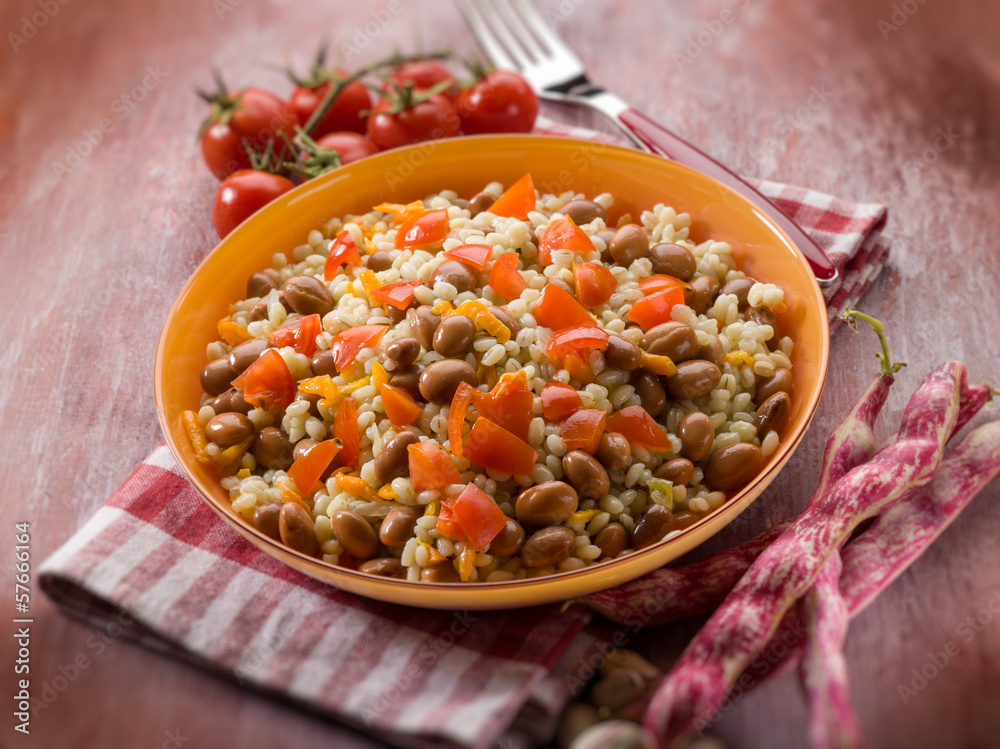 barley risotto with beans and tomatoes, selective focus barley risotto with beans and tomatoes, selective focus