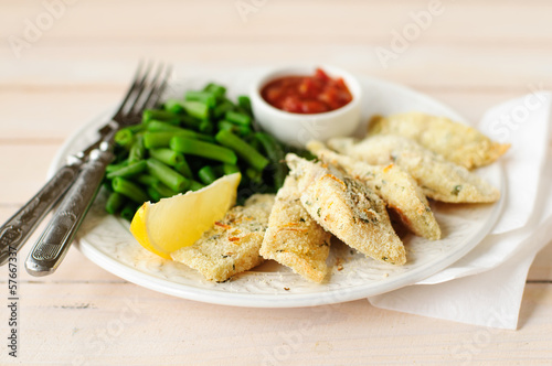Lemon Semolina Crusted Fish Fries with Green Beans and Marinara