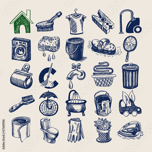 25 hand drawing icon set, cleaning and hygiene service