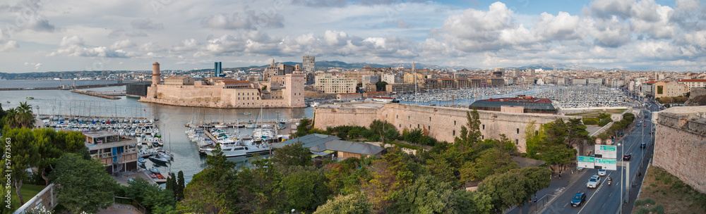 Panoramic view of Marseille ald city port vieux and fort saint j