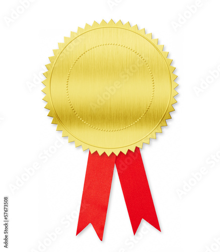 Golden medal with red bow isolated on white