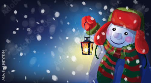 Vector snowman holding Christmas lantern on snowfall background.