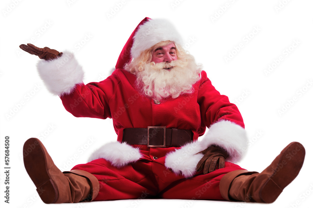 Naklejka premium Hilarious and funny Santa Claus showing presenting gesture while