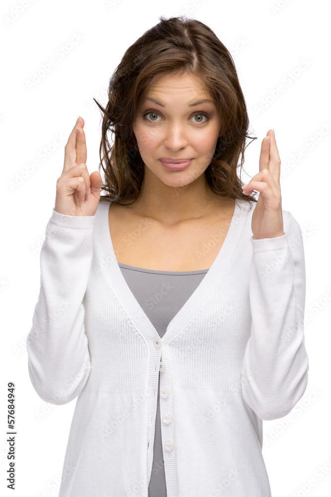 Half-length portrait of woman with fingers crossed Half-length portrait of woman with fingers crossed
