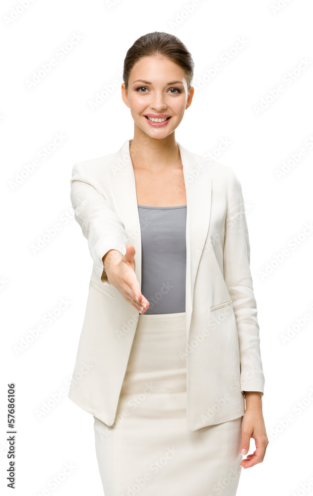Half-length portrait of businesswoman handshake gesturing Half-length portrait of businesswoman handshake gesturing