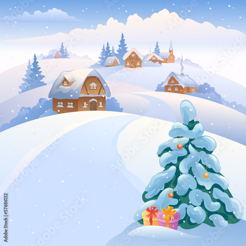 Winter village on the hills