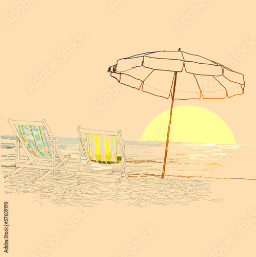 Pair of beach loungers on the deserted coast sea at sunrise.