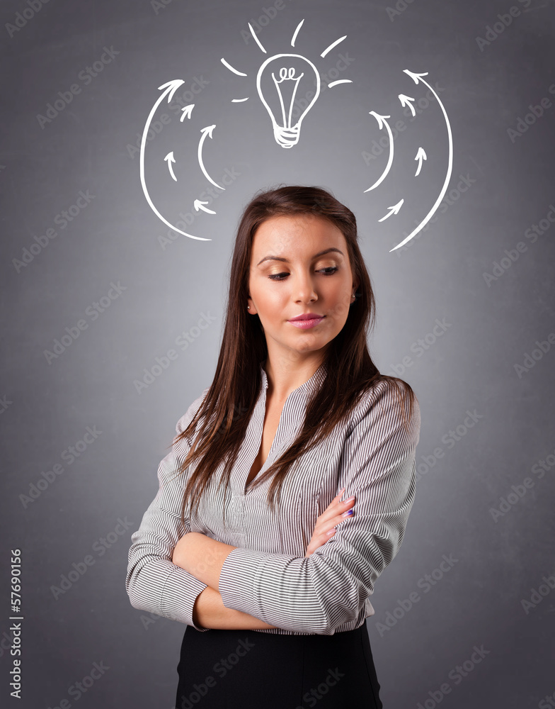 Pretty lady thinking with arrows and light bulb overhead Pretty lady thinking with arrows and light bulb overhead
