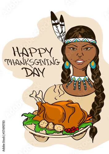 Thanksgiving card with Native American Indian girl