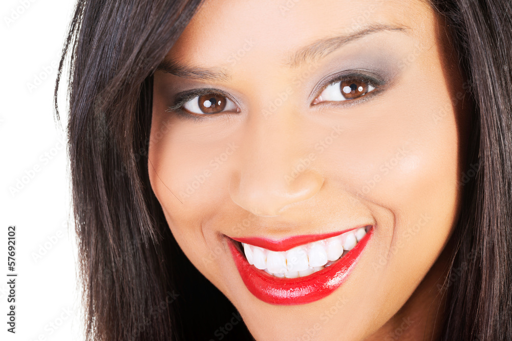 Beautiful woman's smiling face with red lipstick. Beautiful woman's smiling face with red lipstick.