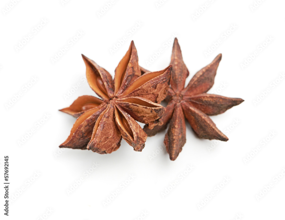 two whole star anise isolated on white background two whole star anise isolated on white background