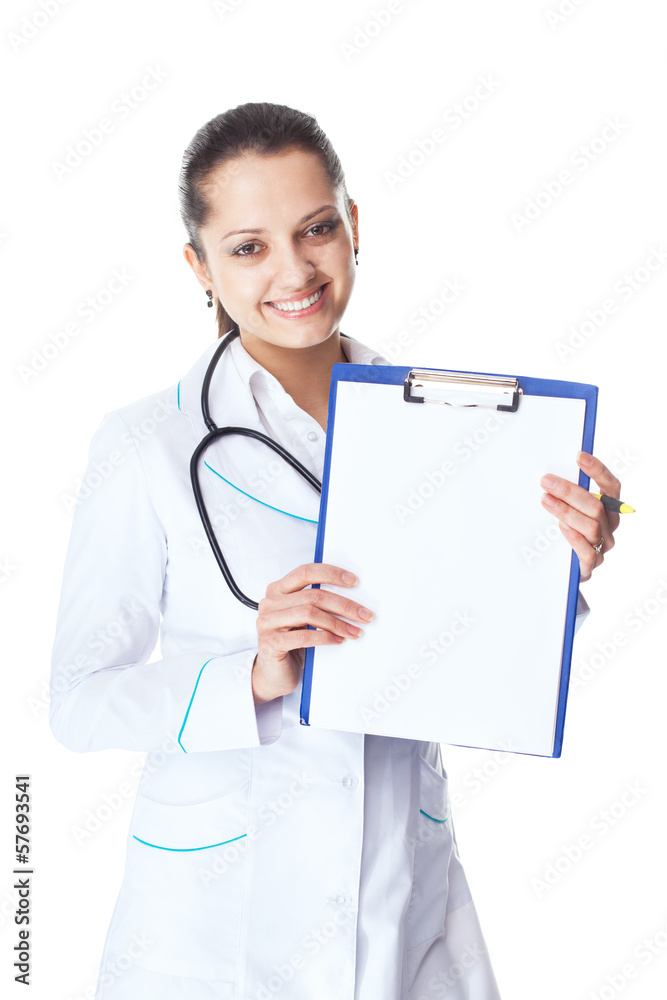 young smiling female doctor showing blank clipboard young smiling female doctor showing blank clipboard