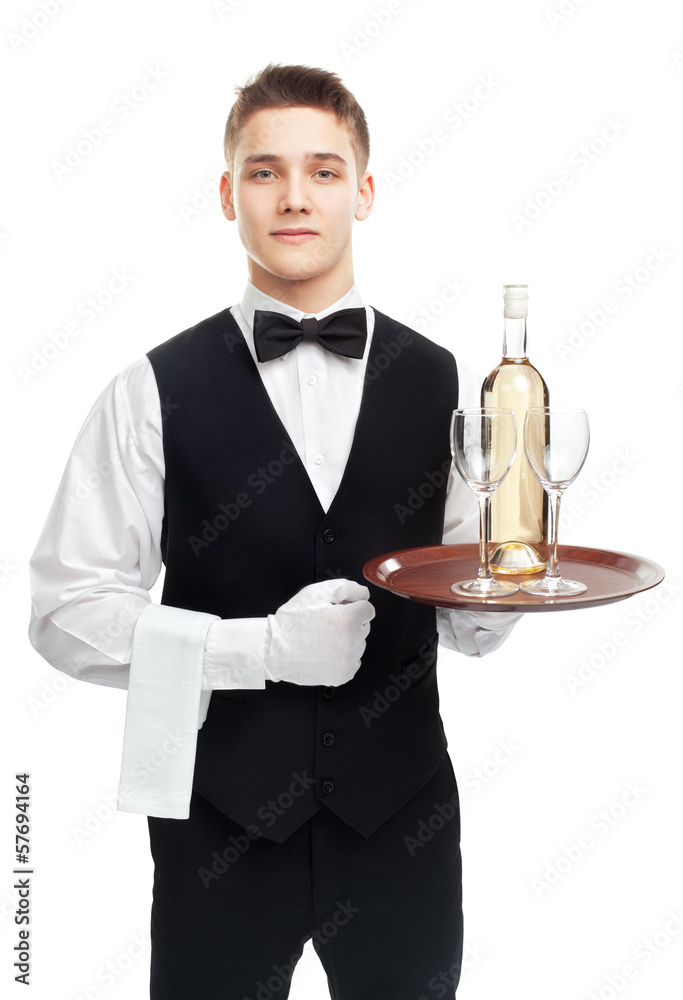 young waiter with bottle of white young waiter with bottle of white