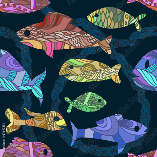 seamless pattern with ornated fishes