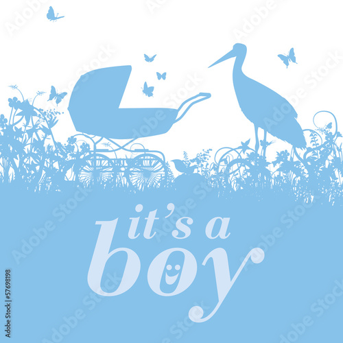 Storch und Kinderwagen mit es ist ein Junge