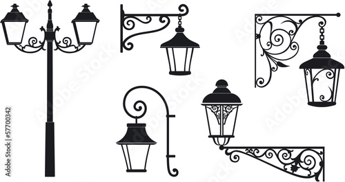 Iron wrought lanterns with decorative ornaments. Vector