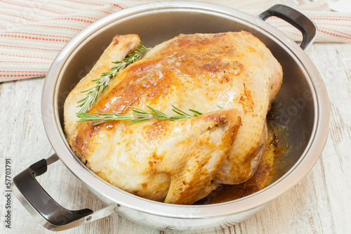 Roast turkey in pan, with its own juices photo