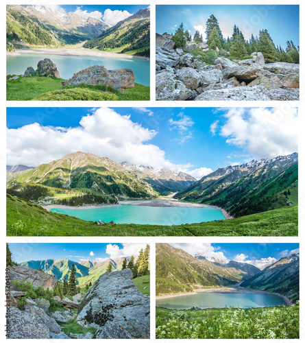 Collage of panorama of spectacular scenic Big Almaty Lake