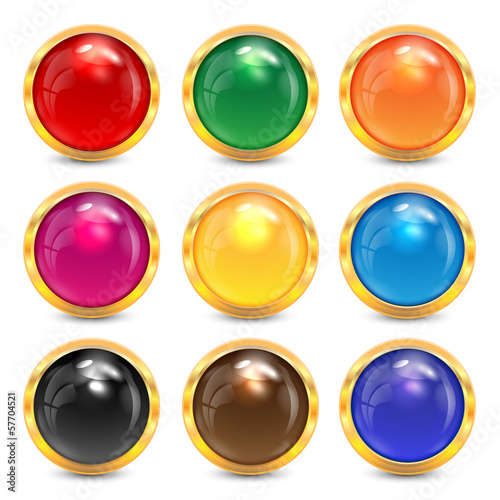 set multicolored glass buttons in a gold frame.colorful buttons