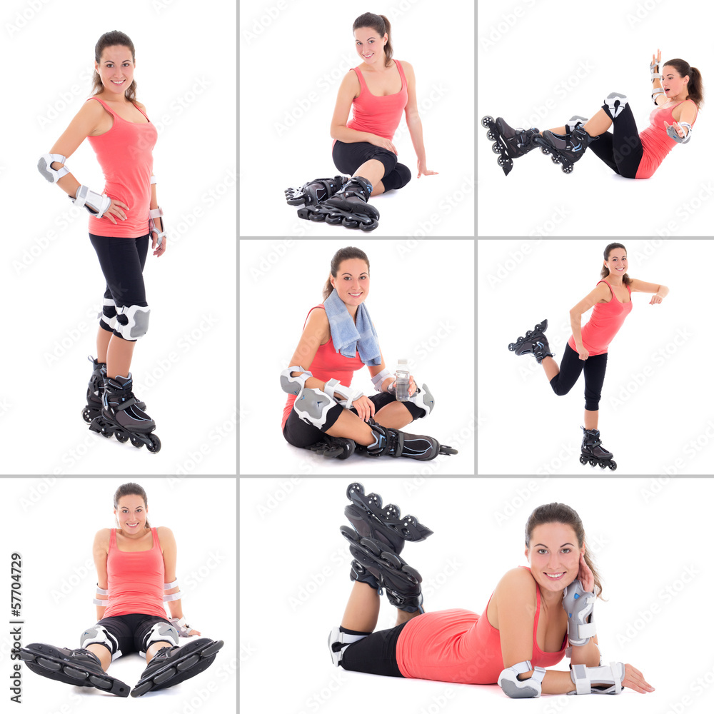 collage of young sporty woman on roller skates isolated on white
