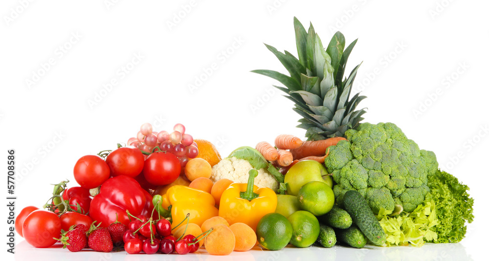 Assortment of fresh fruits and vegetables, isolated on white Assortment of fresh fruits and vegetables, isolated on white